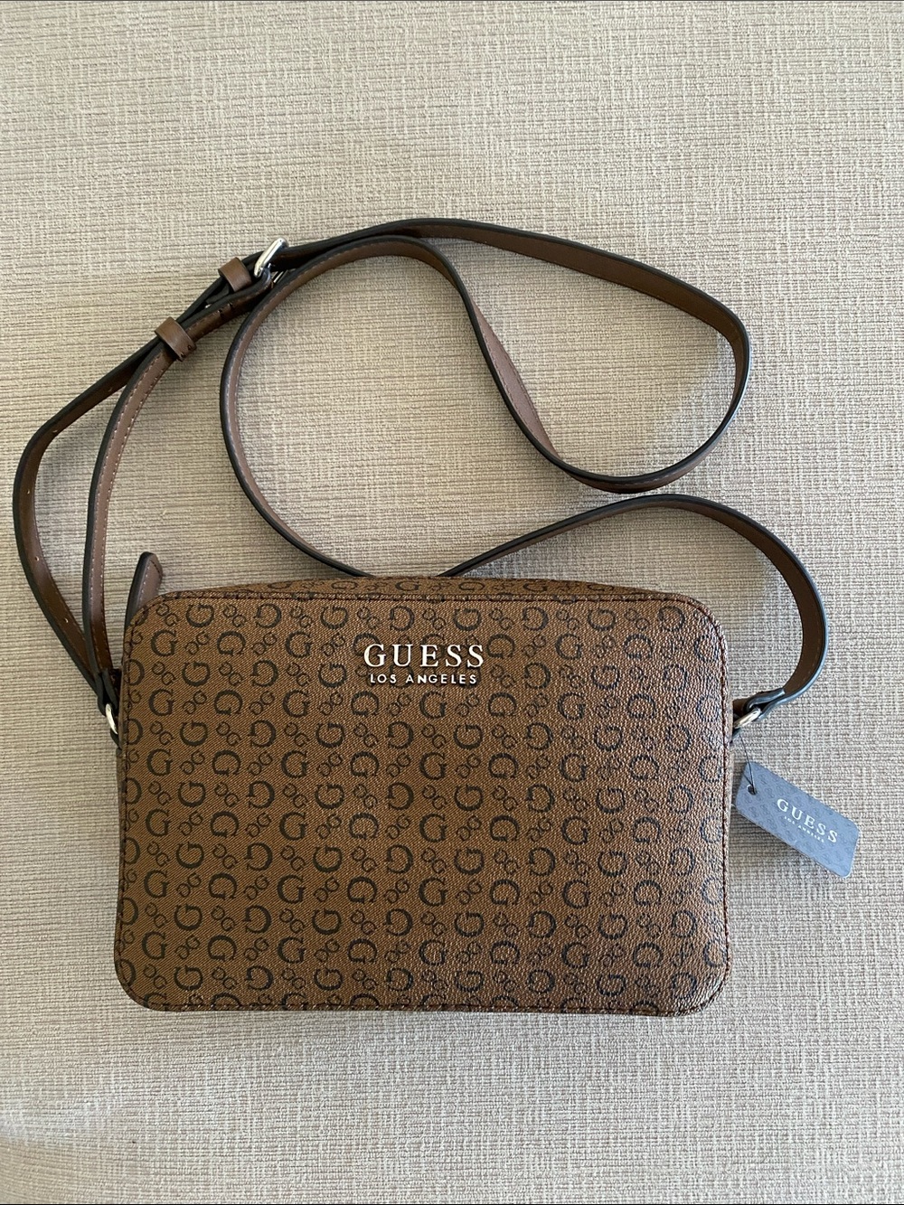GUESS Brown Logo Print Adjustable Crossbody Bag